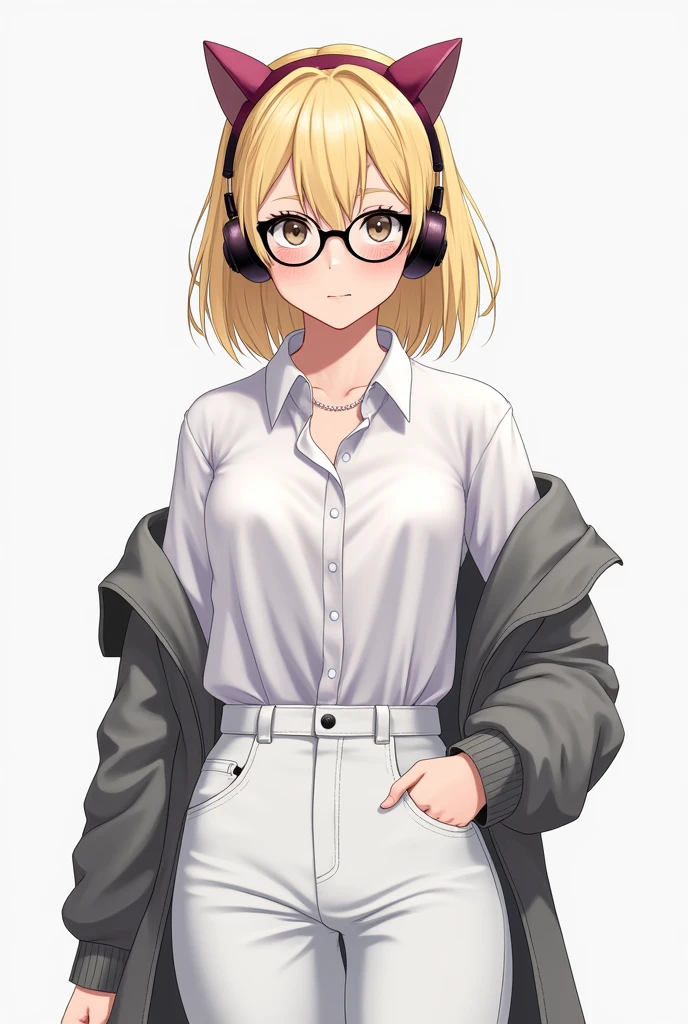 Female character white blouse white pants dark pink kitten headband headphones gray jacket black glasses with blonde hair and freckles on her face 