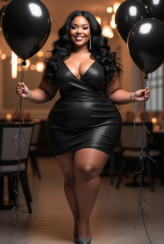 woman, long wavy black hair, smiling, big bust, wide legs, chubby, elegant black and silver dress, gray heels, black and silver balloons in her hands, birthday celebration, looking at the camera, photorealistic