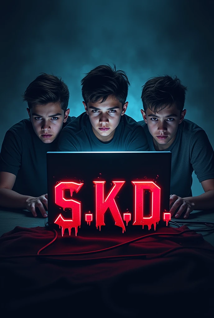 Gamer logo of three boys playing and the letter says (s.k.D) that is somewhat scary