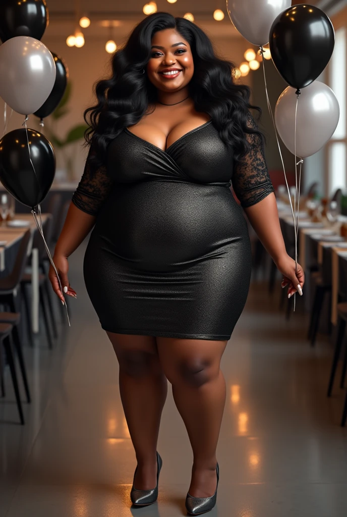 woman, long wavy black hair, smiling, big bust, wide legs, chubby, elegant black and silver dress, gray heels, black and silver balloons in her hands, birthday celebration, looking at the camera, photorealistic