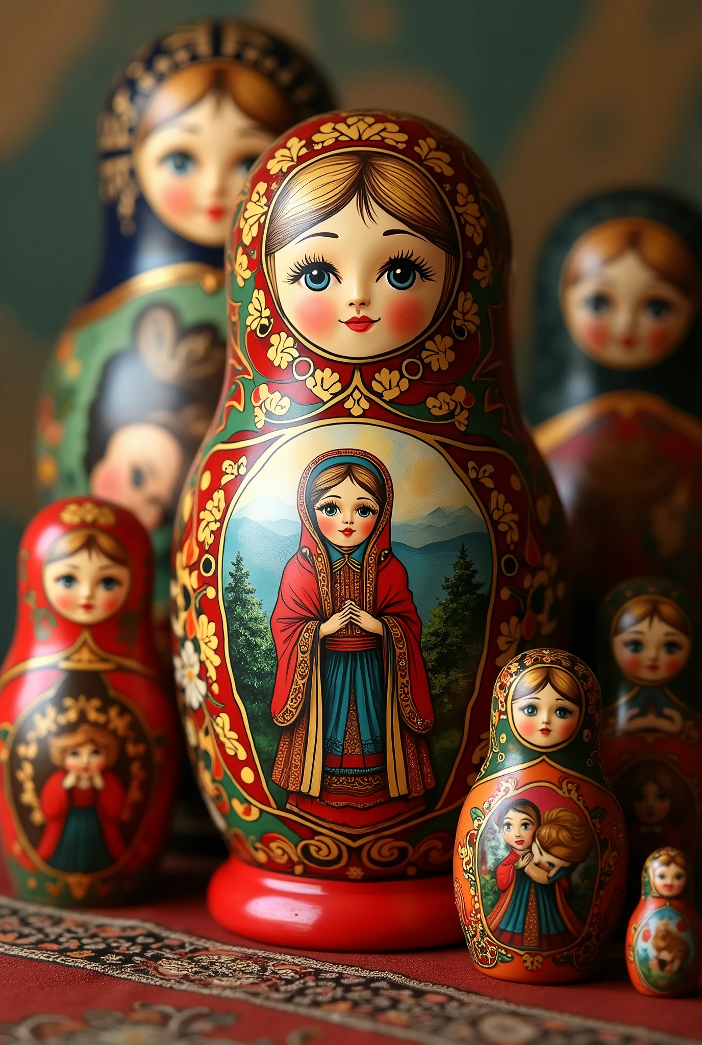 A true treasure of Russia. Prestige Russian Matryoshka Doll Set. high quality. Details impressionnant. Typical Russian background. (Details). Breathtaking.