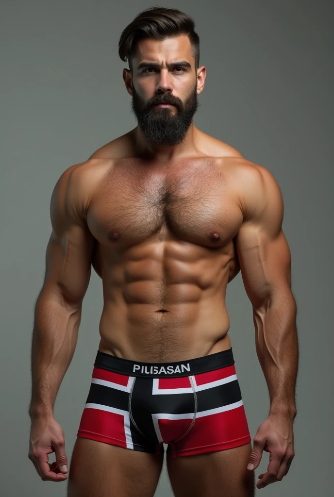 Strong, bearded young mixed-race man in underwear printed with the black and white flag of the State of Prussia.