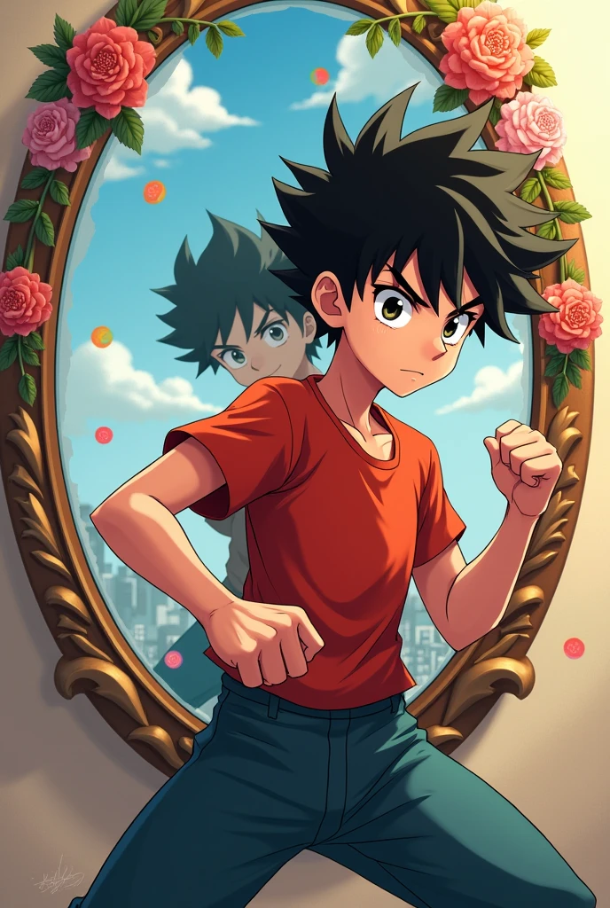 An anime boy standing with a fighting pose in front of a flower framed mirror that has rainbow stickers placed on, the boy looks serious while his reflection in the mirror is smiling goofily