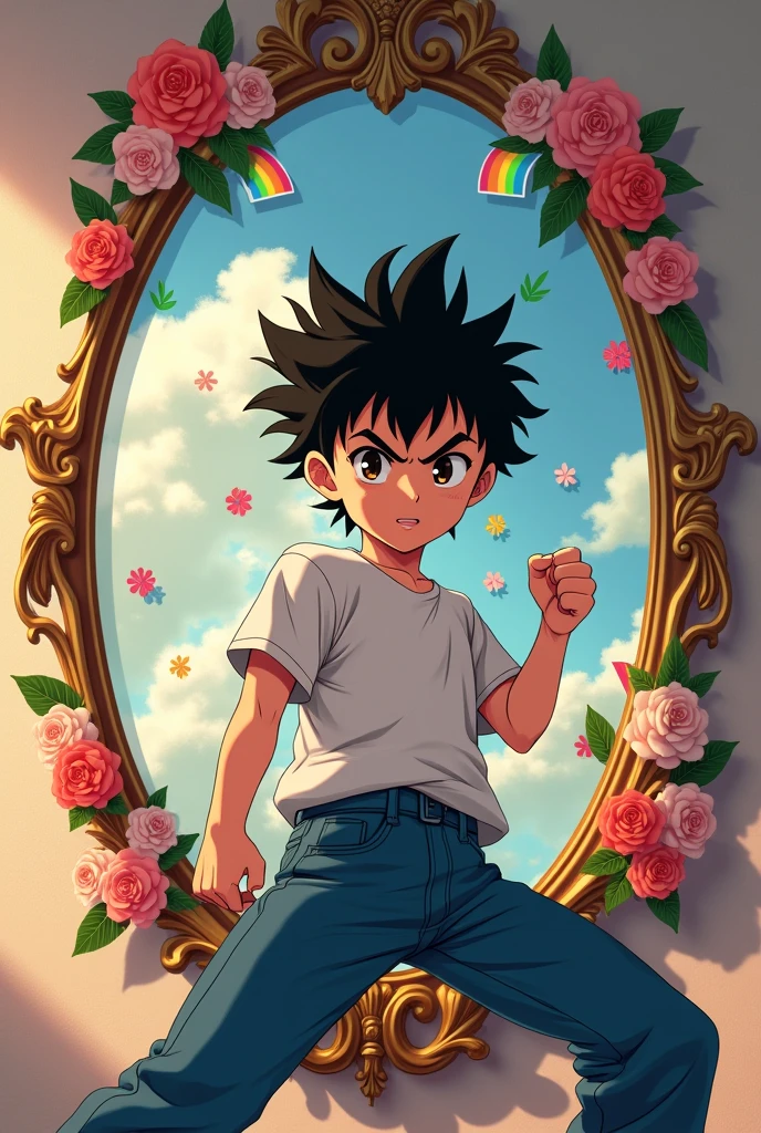An anime boy standing with a fighting pose in front of a flower framed mirror that has rainbow stickers placed on, the boy looks serious while his reflection in the mirror is smiling goofily