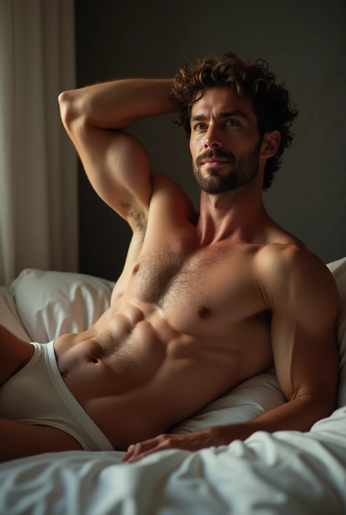 Hot sexy muscular shirtless man laying down on bed with legs spread wearing a net see-through underwear with curly hair, fully naked with little chest and armpit hair ,very muscular, with sideburns,, one hand above his head and armpit hair is visible, cute looking and hot at the same time, smiling, full body image