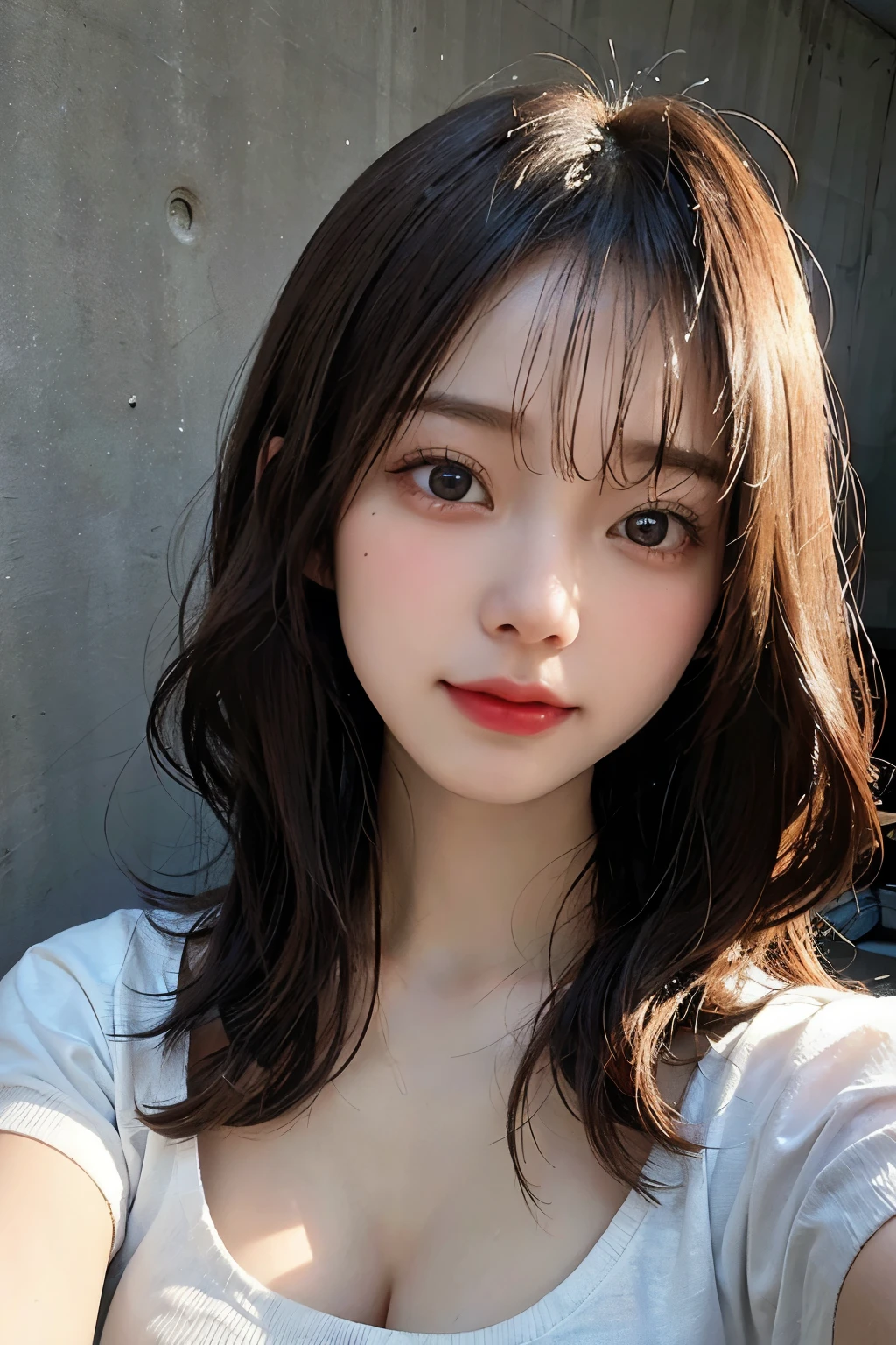((best quality)), ((masterpiece)), (detailed), perfect face. Asian girl. Selfie. Blank T-shirt. Wall. Cleavage. Low lighting.