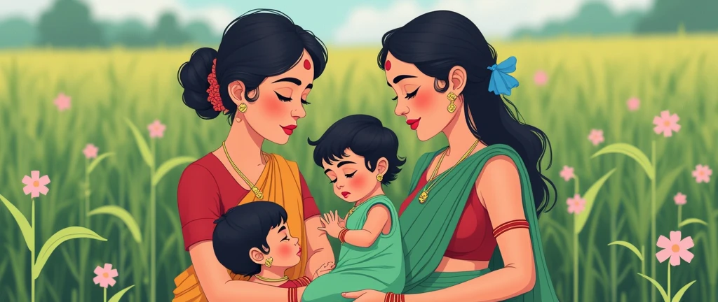 A beautiful indian mother, perfect body, traditional vibrant green saree, red blouse, indian traditional cloth, indian traditional blouse , smooth lips, red lipstick, tight blouse, cleavage, red circular bindi on middle of the both eyebrow , bangles, blue ribbon, saggy boobs, saggy breast, saggy tits, sleeping with kids, breast feeding, kids sucking boobs, kids sucking nipple on a Rectangular piece of traditional coarse cotton cloth on a cultivated land, green crops, beautiful crops 2d style, wide angle camera view, focus on whole environment, cel-shading, 8k, high quality, masterpiece, makoto shinkai style effect, makoto shinkai style lighting,, vibrant colors, intricate details, ultra detail quality, extreme high quality, ((masterpiece, 1:2))