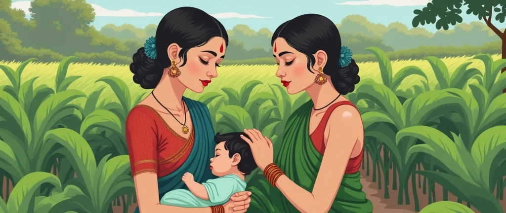 A beautiful indian mother, perfect body, traditional vibrant green saree, red blouse, indian traditional cloth, indian traditional blouse , smooth lips, red lipstick, tight blouse, cleavage, red circular bindi on middle of the both eyebrow , bangles, blue ribbon, saggy boobs, saggy breast, saggy tits, sleeping with kids, breast feeding, kids sucking boobs, kids sucking nipple on a Rectangular piece of traditional coarse cotton cloth on a cultivated land, green crops, beautiful crops 2d style, wide angle camera view, focus on whole environment, cel-shading, 8k, high quality, masterpiece, makoto shinkai style effect, makoto shinkai style lighting,, vibrant colors, intricate details, ultra detail quality, extreme high quality, ((masterpiece, 1:2))