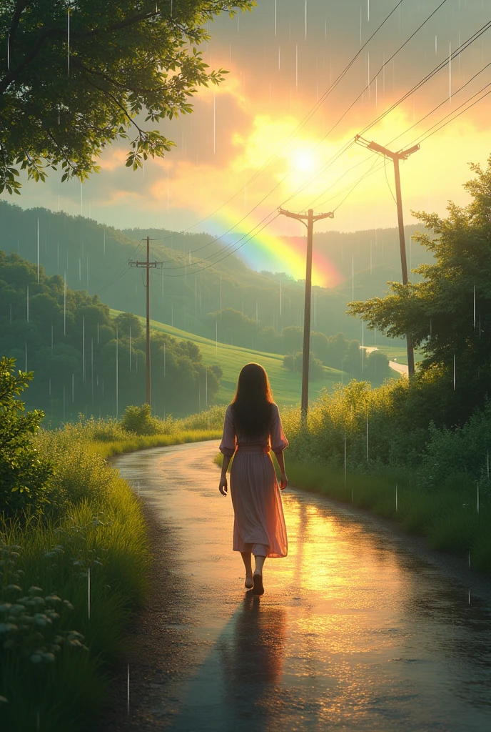 realistic image of a person walking along a road in the late afternoon, fine drizzle and a rainbow on the horizon.