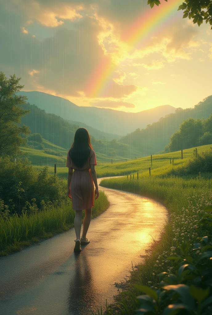 realistic image of a person walking along a road in the late afternoon, fine drizzle and a rainbow on the horizon.