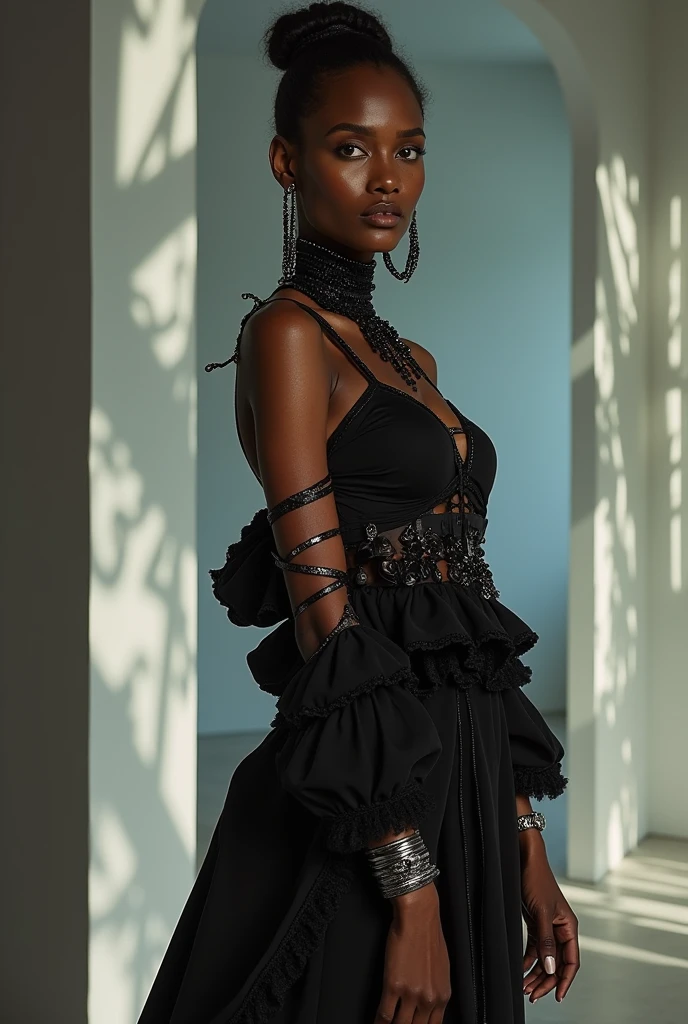 Create an avant-garde fashion scene featuring a model with African descent, but with the features of Angelina Jolie. The model is dressed in an experimental, artistic outfit that defies conventional fashion norms, showcasing bold, non-traditional materials and striking, asymmetrical designs. The setting is an abstract, minimalist environment with sharp contrasts and dramatic lighting, emphasizing the uniqueness of the attire. The composition should capture the model's entire body, ensuring that she is fully visible within the 16x9 frame, from head to toe, maintaining her elegance, confidence, and sophisticated presence.

Filmed on ARRI ALEXA 65, Bokeh, sharp focus on the subject, shot by Don McCullin. The atmosphere should exude a sense of artistic expression, with the model embodying the essence of avant-garde fashion—daring, bold, and cutting-edge.

Keywords: beauty, model, elegance, glamour, fashion, stunning, radiant, chic, graceful, confident, striking, flawless, alluring, photogenic, sophisticated, enchanting, captivating, charismatic, runway, editorial, beauty standards, artistic, style, aesthetic, personality, portrait, beauty photography, professional model, fashionista, trendsetter."

