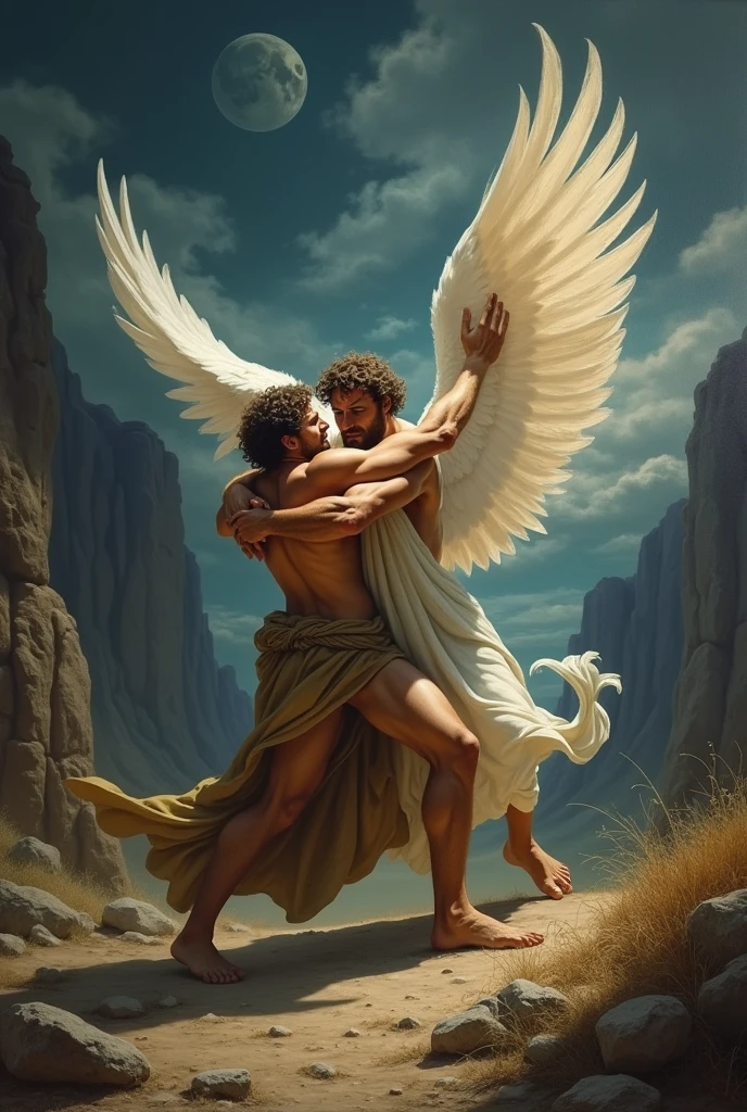 Biblical character Jacob wrestles with a male angel