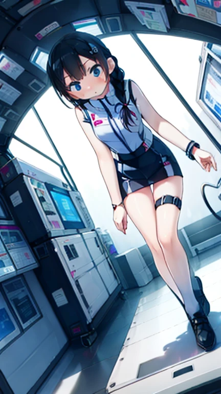 (Highest quality), (masterpiece), 1080P, High resolution, 4K, 8k, Inside the space station、Futuristic room、Thigh straps, Shooting from directly below, The woman on top of me, 白いSweat, Covered , Sweat, Woman looking down, Skirt swimsuit, Thigh-high socks, To achieve this, , , whole body, Black leather shoes, Braided hair, Inner Color, Embarrassed face, Short black hair, bracelet, Bedroom,celestial body_Vest
