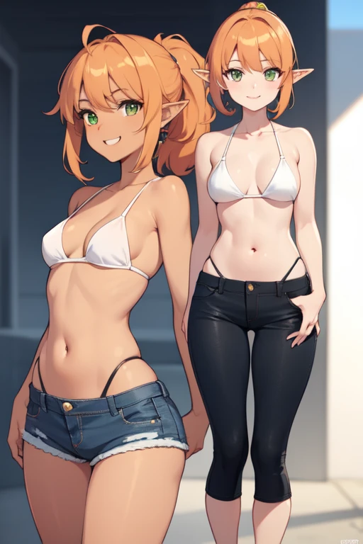 (High definition) (masterpiece), (tanned skin), Young elf girl, wide hips, small breasts, slender body, big thighs, beautiful legs, medium orange hair, green eyes, wearing white bikini top, black jeans shorts, with ponytail, relaxed pose, smiling