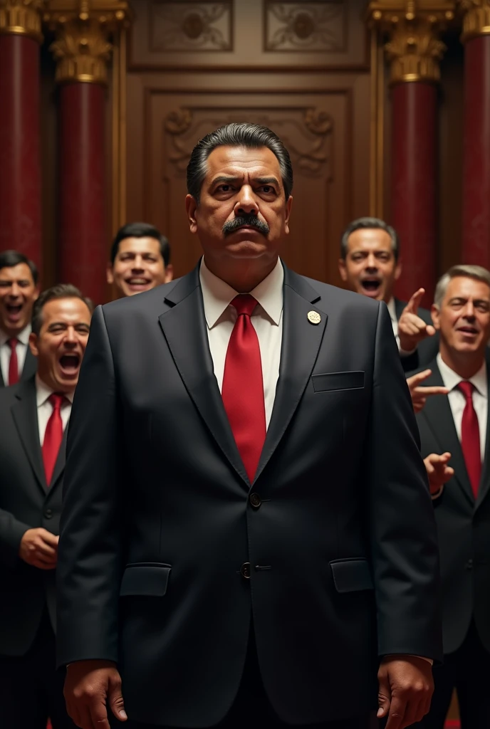 A serious portrait of Nicolás Maduro, standing at the forefront with a stern expression on his face. He is wearing a dark suit with a red tie, emphasizing his authoritative presence. Behind him, a group of ministers from the Supreme Tribunal are seen, all wearing dark suits and ties, laughing openly and pointing subtly towards Maduro, suggesting a contrast between their amusement and his serious demeanor. The setting is a grand, formal government room with tall, dark wood paneling, ornate gold accents, and large curtains. The lighting is dim, focusing on Maduro’s face to highlight his serious expression, while the ministers in the background are slightly out of focus but clearly visible, their laughter and expressions adding a stark contrast to the scene. The atmosphere should feel tense, with a sense of irony in the ministers' behavior behind their leader.