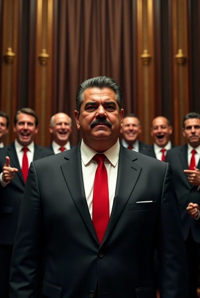 A serious portrait of Nicolás Maduro, standing at the forefront with a stern expression on his face. He is wearing a dark suit with a red tie, emphasizing his authoritative presence. Behind him, a group of ministers from the Supreme Tribunal are seen, all wearing dark suits and ties, laughing openly and pointing subtly towards Maduro, suggesting a contrast between their amusement and his serious demeanor. The setting is a grand, formal government room with tall, dark wood paneling, ornate gold accents, and large curtains. The lighting is dim, focusing on Maduro’s face to highlight his serious expression, while the ministers in the background are slightly out of focus but clearly visible, their laughter and expressions adding a stark contrast to the scene. The atmosphere should feel tense, with a sense of irony in the ministers' behavior behind their leader.