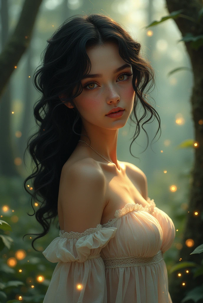 (masterpiece:1.2), best quality, (illustration:1.2), (Extremely detailed), Ultra Detail, (Fine details), (Intricate details), (Movie Lighting, best quality Backlights), Clear boundaries, From below, soloist, Soft lighting, Ethereal, magic looking, A straightforward looking girl，With soft black curly hair, Brown eyes, forest, fairy tale, whole body, Perfect body, Large Breasts,Show your buttocks, magic, Light Particles, firefly, Lovely smile