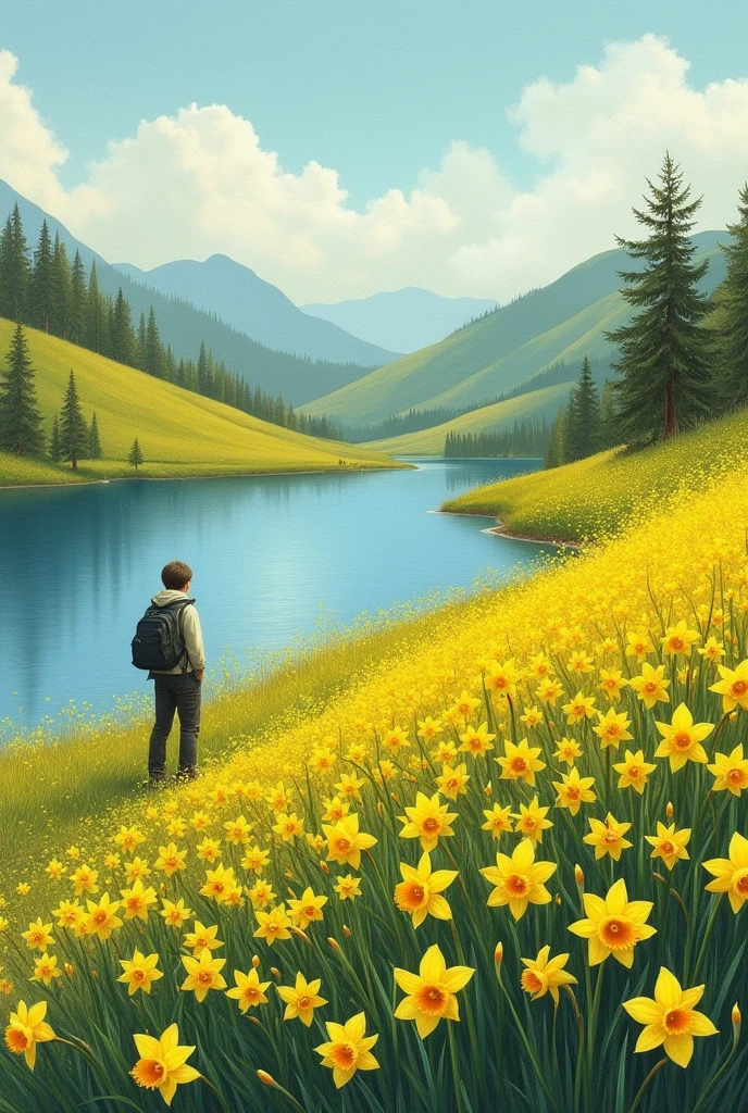 I Wandered Lonely as a Cloud
Lyric by William Wordsworth drawing
I wandered lonely as a cloud
That floats on high o'er vales and hills,
When all at once I saw a crowd,
A host, of golden daffodils;
Beside the lake, beneath the trees,
Fluttering and dancing in the breeze.
Continuous as the stars that shine
And twinkle on the milky way,
They stretched in never-ending line
Along the margin of a bay:
Ten thousand saw I at a glance,
Tossing their heads in sprightly dance.
The waves beside them danced; but they
Out-did the sparkling waves in glee:
A poet could not but be gay,
In such a jocund company:
I gazed—and gazed—but little thought
What wealth the show to me had brought:
For oft, when on my couch I lie
In vacant or in pensive mood,
They flash upon that inward eye
Which is the bliss of solitude;
And then my heart with pleasure fills,
And dances with the daffodils.