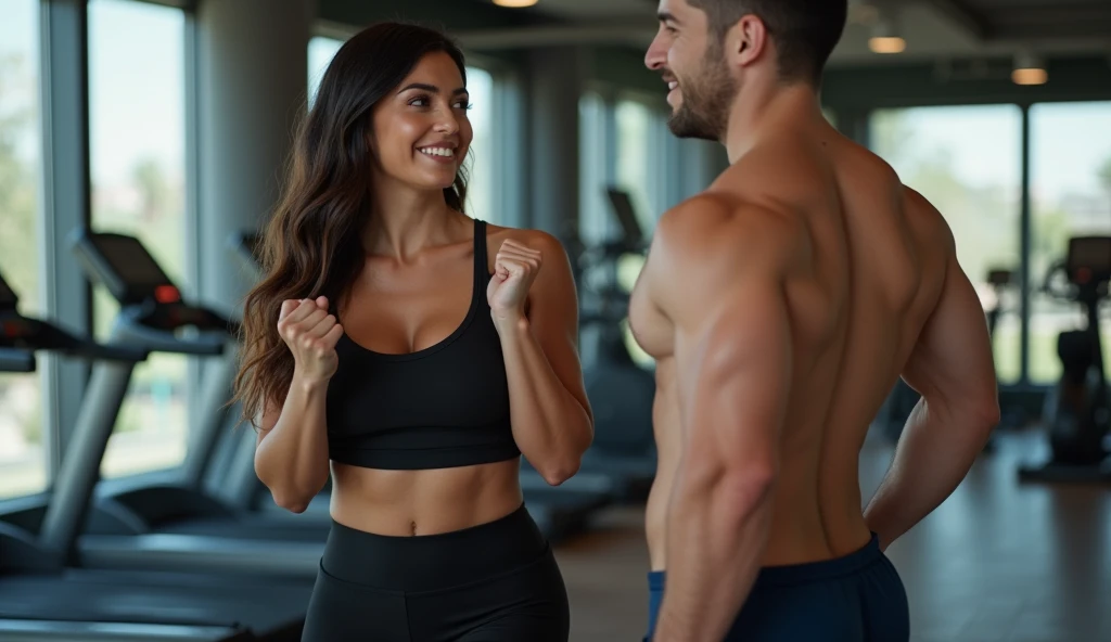 brunette and voluptuous girl, of Spanish descent, at the gym exercising with a man in a friendly way, 4K, highly realistic