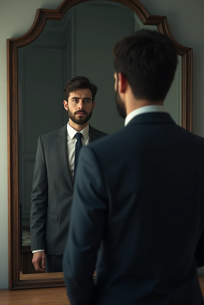 A young and mature (male)person with formals shirts looking himself in the mirror with deep sadness because he is realizing he is not good enough