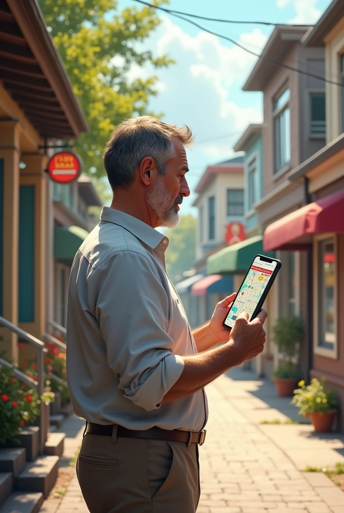 I want to create a picture where a man in outside of his home and seeing all his nearby shops like fish market groceries restaurants etc on mobile