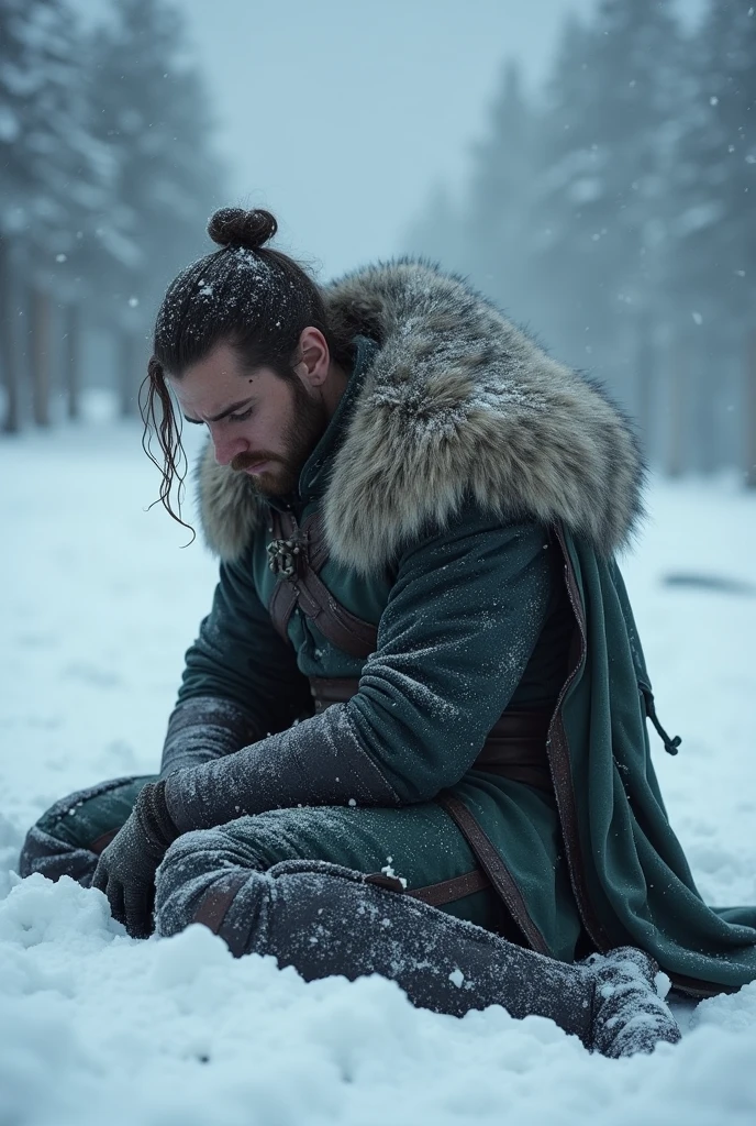 Jarl, fell to his knees, overcome by cold and despair. In that moment of darkness, make it younger