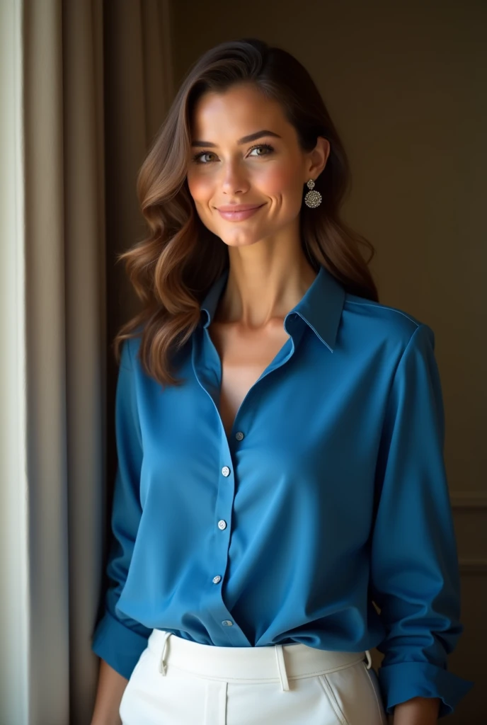 gorgeous mature lady in her mid 30's wearing a blue shirt and white skirt could be seen in his eyes. Even though she was already thirty-five years old, she still had fair skin, long legs, and an elegant figure.
Her hair that draped down her shoulders were slightly curled at the ends. She wore a pair of silver earrings, and there were no wrinkles on her face.
