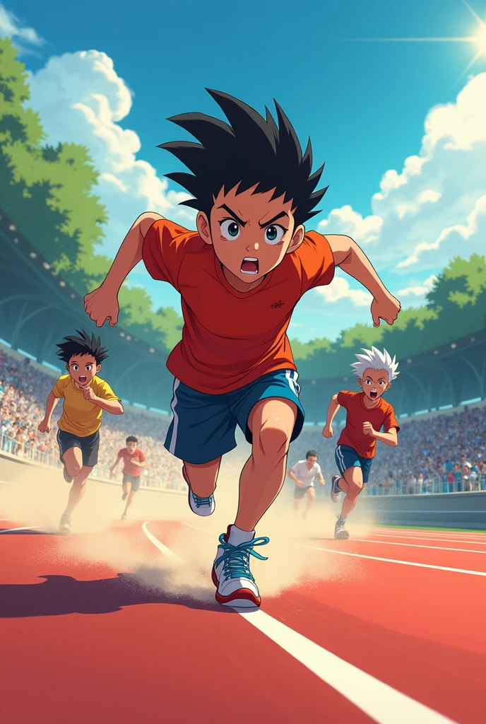 Making a boy running behind in a race anime