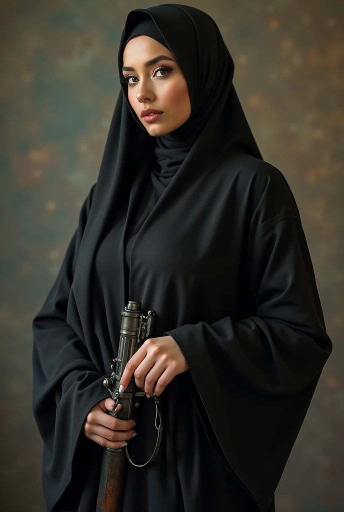 Portrait of a muslim woman wearing a hijab and gloves, standing streight, looking at camera, holding an elastrator, photorealism:1.2, high detail, high resolution, 4K, UHD