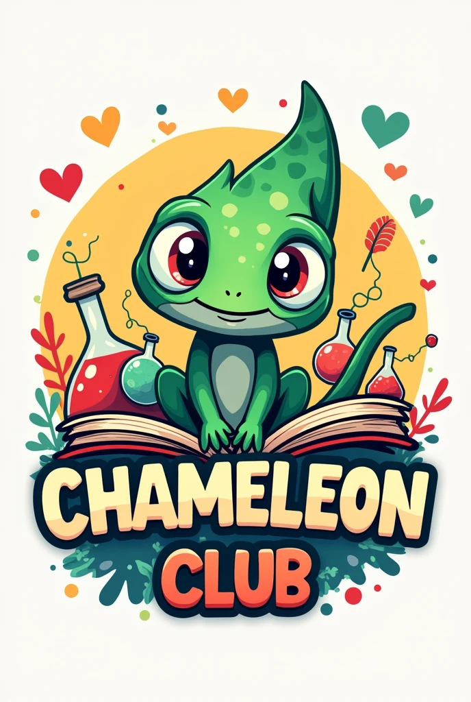 Create an image for a logo, that includes a cartoon of a baby chameleon, that includes the title "Chameleon Club" In Spanish language, include elements of science and children's literature. Do it in the green colors, yellow, Red and blue.
Let the logo be , integrating the different elements given.
