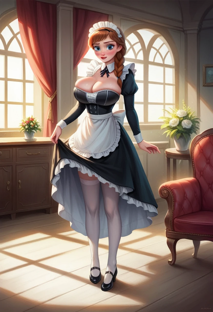 woman, ((Masterpiece, best quality)), full body view, bursting huge breasts, detailed skin, Anna from Frozen as a maid, maid clothes, clileaning the living room, highly detailed, cinematic lighting, ultra realistic, blush, looking at viewer, anna, anna from movie Frozen.