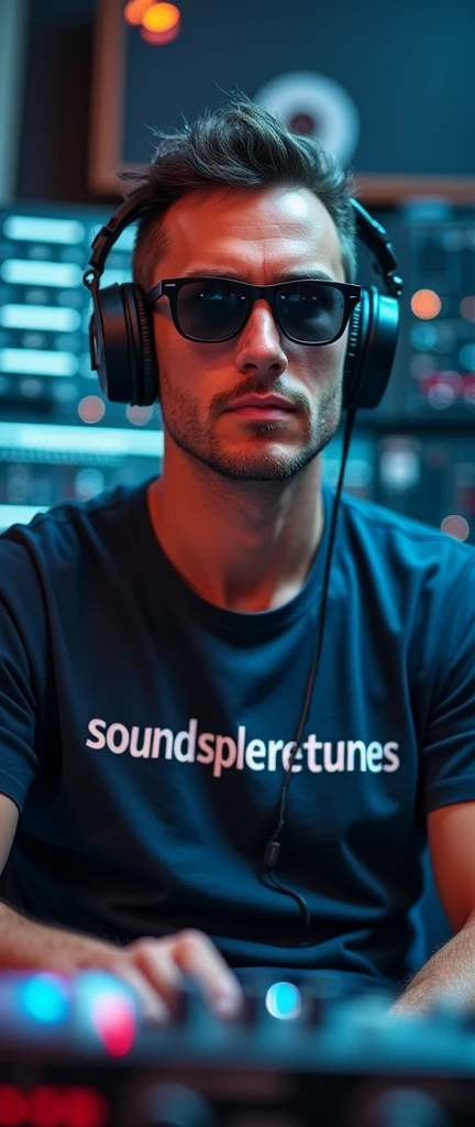 A man wearing headphones with sunglasses and a T-shirt that says SoundSphereTunes, sitting in a music studio, upper body, looking straight at the camera