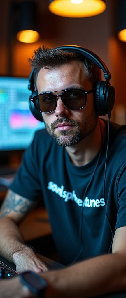 A man wearing headphones with sunglasses and a T-shirt that says SoundSphereTunes, sitting in a music studio, upper body, looking straight at the camera