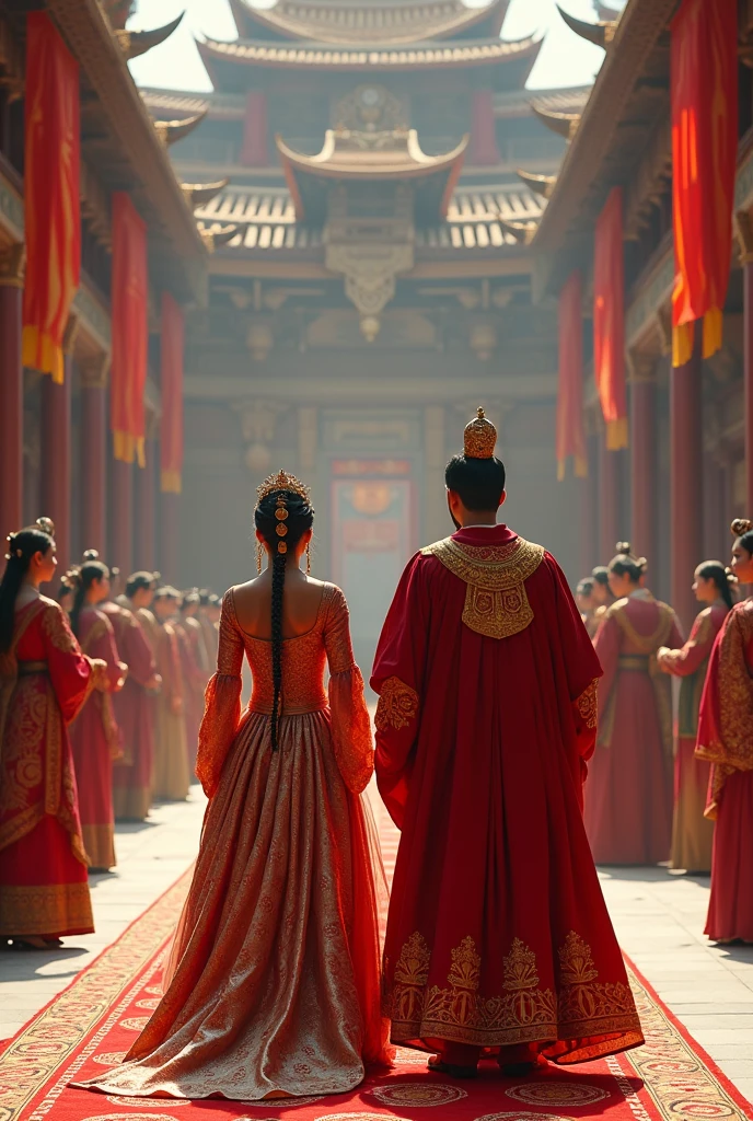 ## Scene Prompt for SeaArt.AI:
**Title:** Genghis Khan's Daughter's Royal Wedding
**Photo Reference:** Captured with a Canon EOS 5D Mark IV, in a photorealistic style. Aperture: f/2.8 for a shallow depth of field to focus on the couple.
Shutter Speed: 1/250 seconds to capture the movement of the dancers and musicians.
ISO: 400 for optimal image quality and low noise.
Focal Length: 24-70mm zoom lens, set at 35mm for a balanced perspective.
**Description:**
**Setting:** The scene takes place within a vast, open-air courtyard of a grand Mongol palace. The majestic palace itself serves as the backdrop, showcasing traditional Mongol architecture with towering wooden pillars adorned with intricate carvings. Colorful silk banners flutter in the warm summer breeze, adding a festive touch.
**Foreground:**
* **Central Focus:** The bride, one of Genghis Khan's daughters, stands regally in the center of the frame. She is adorned in a breathtaking traditional Mongol wedding gown, crafted from rich silk and embellished with intricate gold embroidery and symbolic patterns. A lavish headdress adorned with feathers and precious jewels crowns her head, signifying her royal status.
* **Groom:** Standing beside her, bathed in the warm sunlight, is the foreign king. His attire reflects a blend of his own cultural regalia and respectful influences from Mongol tradition. Rich fabrics and embroidery showcase his royalty, seamlessly incorporating Mongol elements for a unique and symbolic union.
* **Ceremony:** The couple stands before an ornately decorated altar, a focal point of the ceremony. The altar itself is a masterpiece, featuring vibrant floral arrangements, cascading silk drapes, and symbolic Mongol motifs that weave a story of cultural fusion.
**Background:**
* **Guests:** A throng of distinguished guests and nobles from both Mongol and foreign cultures fills the background. Their attire showcases a beautiful tapestry of cultural influences, with traditional Mongol