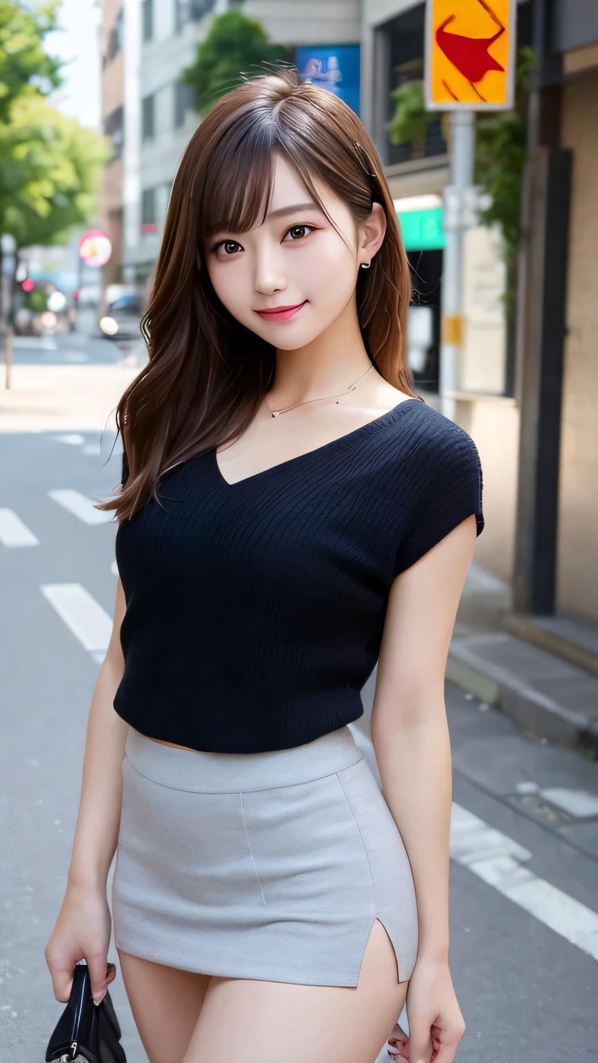 Tabletop, Highest quality, figure, Very detailed, In detail, High resolution, 8k wallpaper, Perfect dynamic composition, Beautiful attention to detail, (Underwear visible through a miniskirt 1.2),Medium Hair, Natural color lip, Random sexy poses,smile,Aoyama Street Walk、2