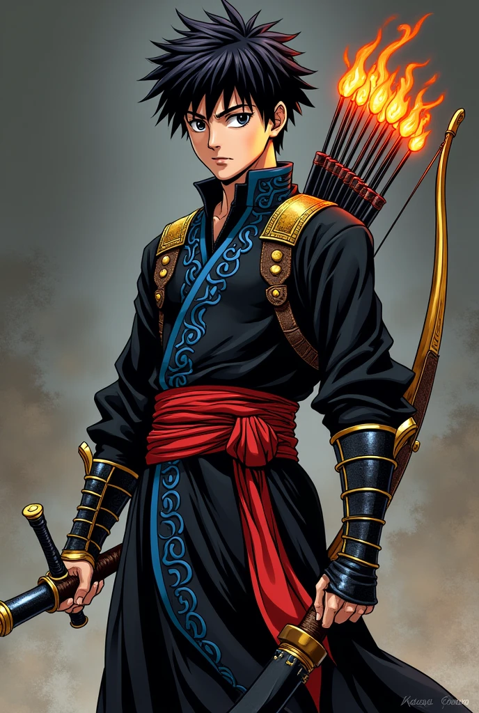in the Human Comics style create a character, Aizen is a white boy with black hair and black eyes who wears a black tunic with blue details and a red sash with gold adornments. He wears leather bracers with hidden blades and high boots. He wears a quiver on his back with flaming arrows and a golden bow. He holds a sword with black and flaming blades