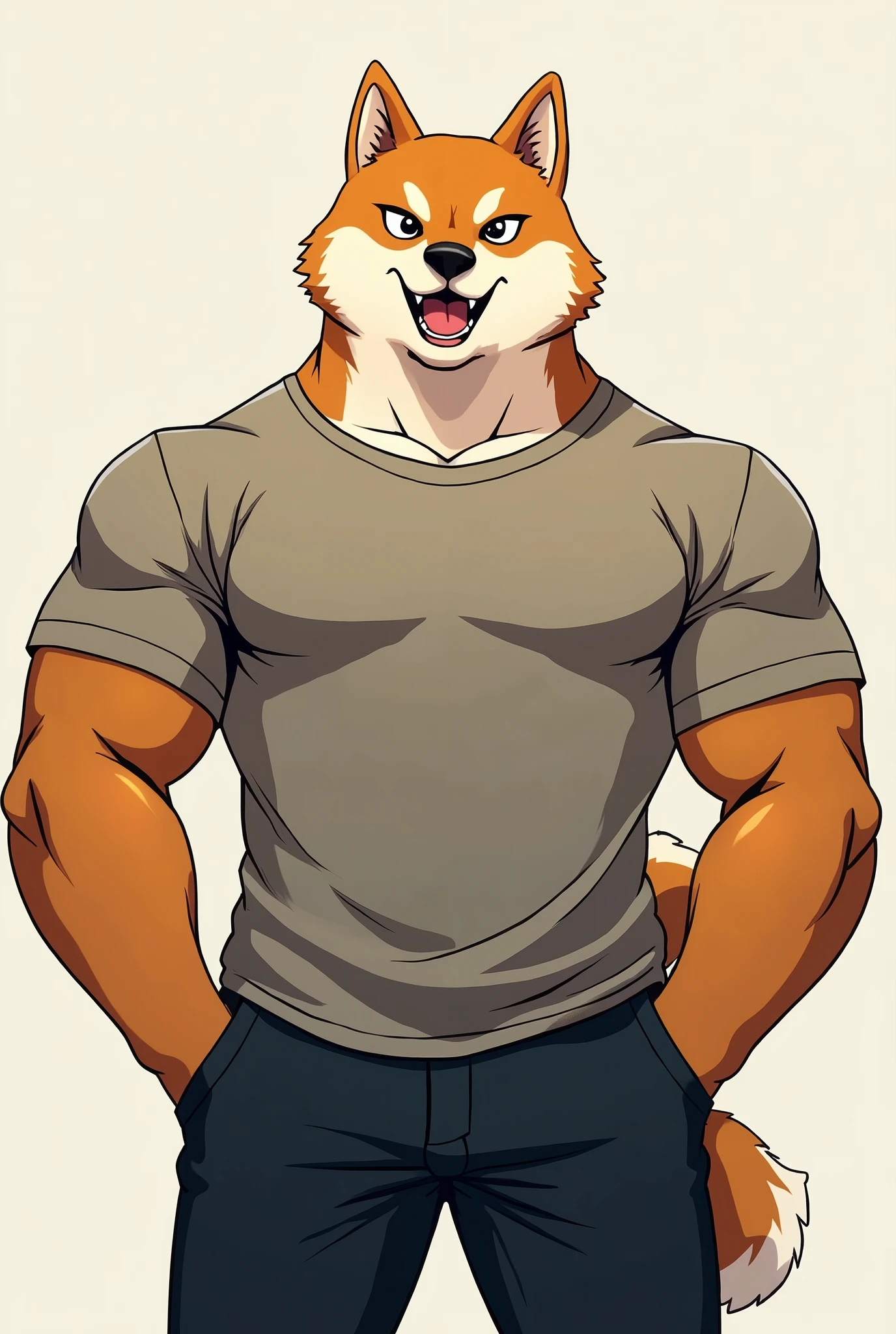 (2d cel anime:1.5),half body shot,looking at viewer, (best quality:1.3), (masterpiece:1.3), (ultra detailed:1.5),(detailed eyes),sharp focus,japanese anime,manga,(droopy eyes),(anthro male:1.3),(shibadog:1.2),smile,open mouth,huge muscular,(beefy:1.2),(big fellow),tall,(wide shoulder width),((cool T-shirt)),large thigh,(by null-ghost:0.9),by lindong
