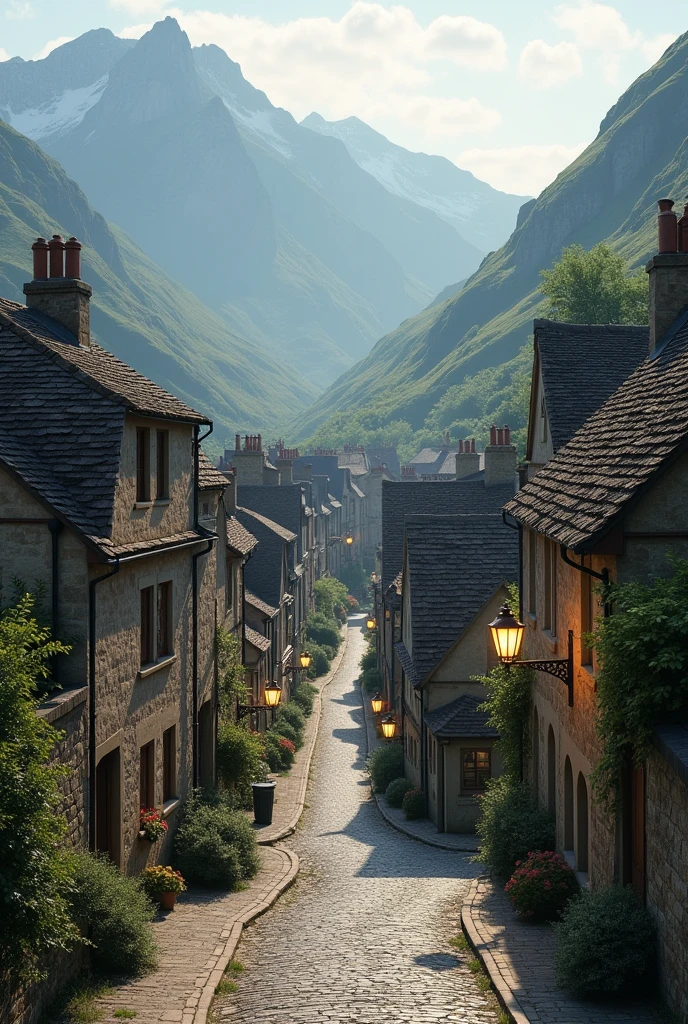 Top view of small town in mountains in england at day time, with lamps in the street and no people. The lane is going down. 