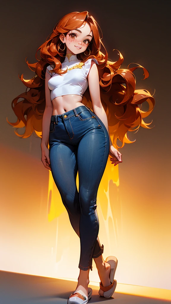 High definition, 4k, 1 woman, 2, beautiful, fair skin, brown eyes, smile, long wavy orange hair, freckles on face, earrings, wide hips, small breasts, top, jeans, slippers
