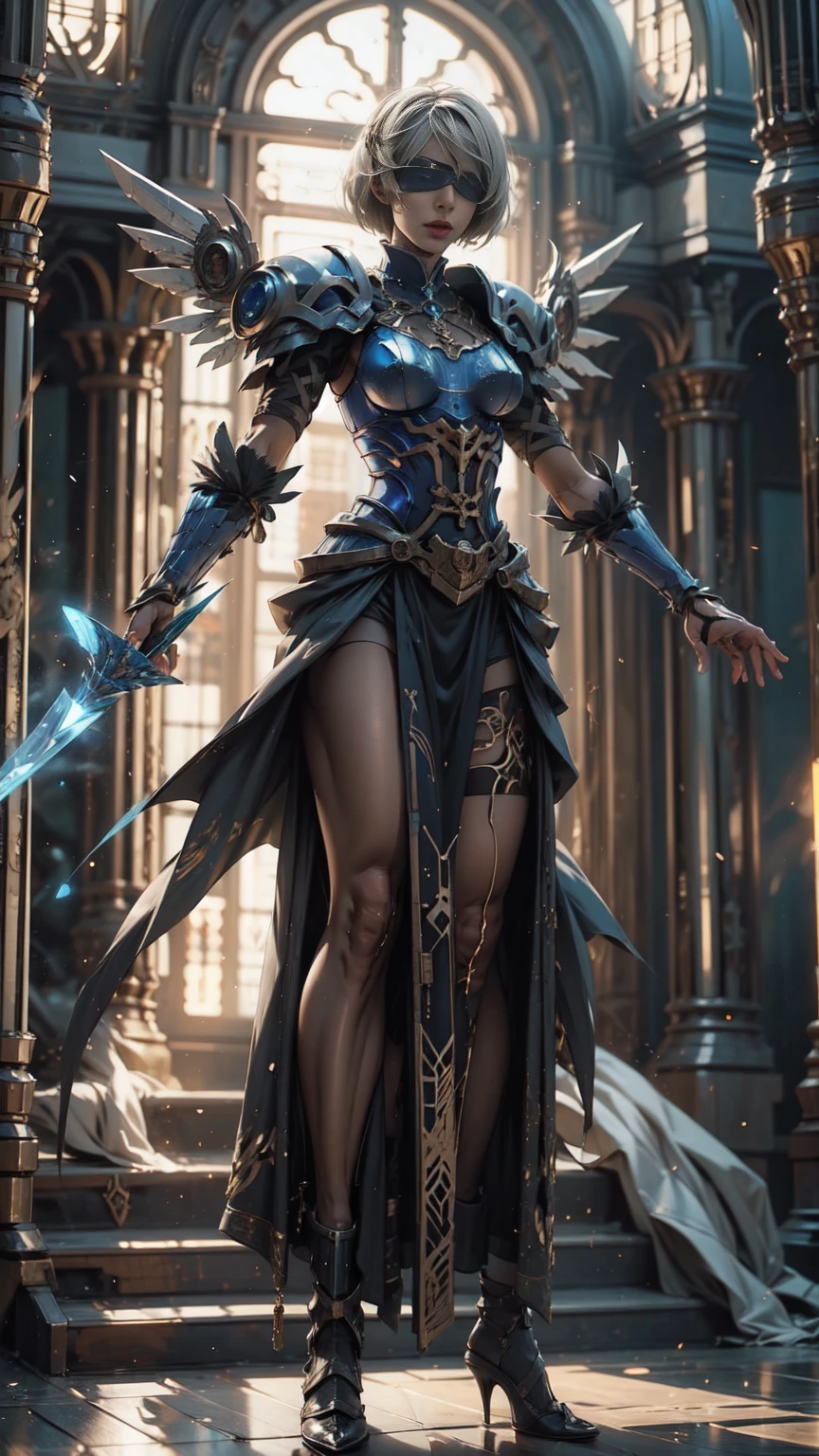 Make a 'kitbash' of Lenneth from 'Valkyrie profile' and 2B from 'Nier: Automata', combine 2B and Lenneth, solo, 1girl, BREAK: ((bright sapphire blue plate mech4rmor)), (keyhole armor cutout), thigh cutout, long skirt, (blindfold:1.27), wings, BREAK: standing contrapposto, (holding glowing spear), light smile, BREAK: plains, castle, BREAK: (better hands, best hands,) (insanely detailed, masterpiece, best quality), strong_negative, Chinese style