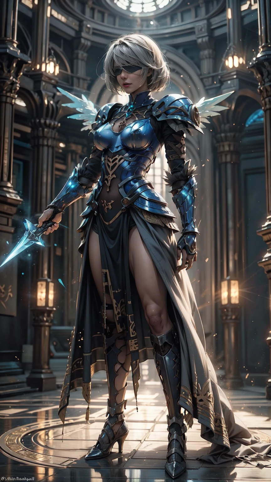 Make a 'kitbash' of Lenneth from 'Valkyrie profile' and 2B from 'Nier: Automata', combine 2B and Lenneth, solo, 1girl, BREAK: ((bright sapphire blue plate mech4rmor)), (keyhole armor cutout), thigh cutout, long skirt, (blindfold:1.27), wings, BREAK: standing contrapposto, (holding glowing spear), light smile, BREAK: plains, castle, BREAK: (better hands, best hands,) (insanely detailed, masterpiece, best quality), strong_negative, Chinese style