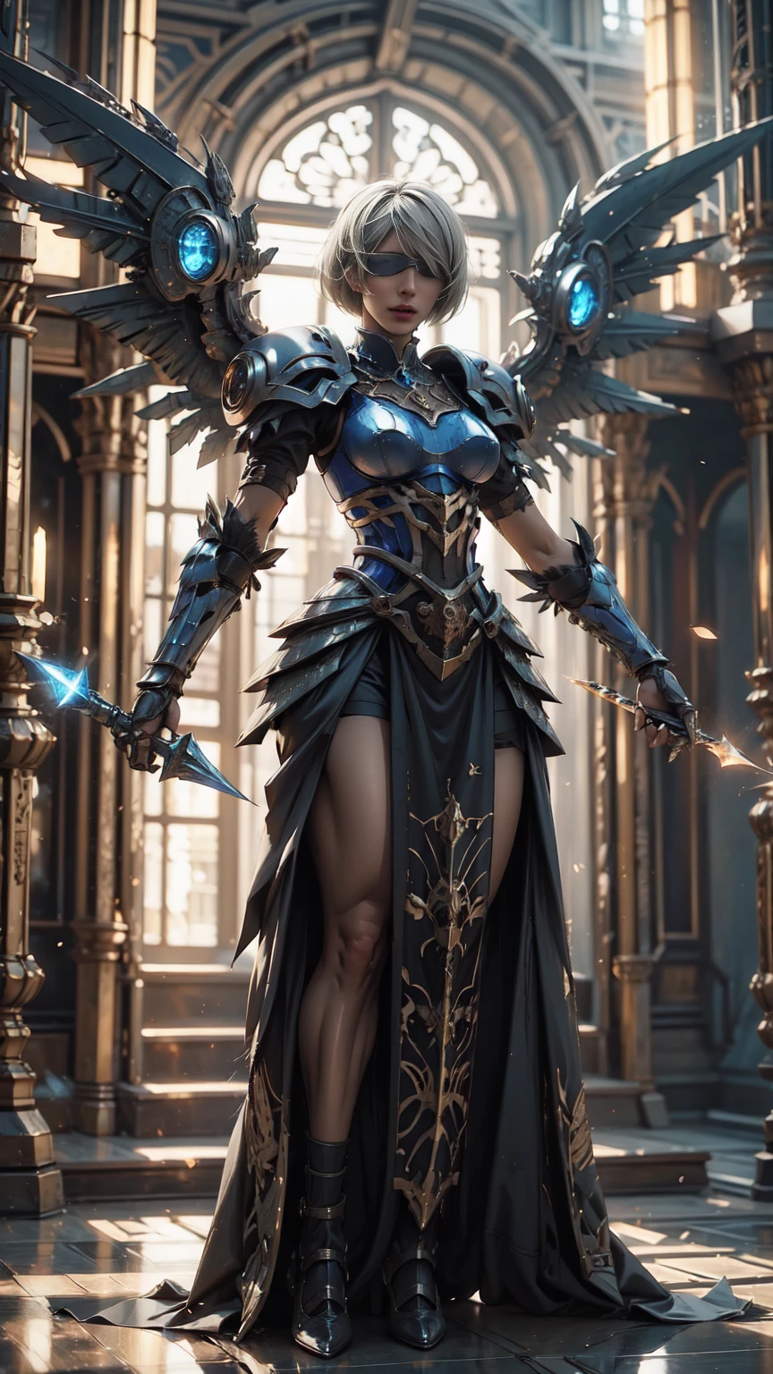 Make a 'kitbash' of Lenneth from 'Valkyrie profile' and 2B from 'Nier: Automata', combine 2B and Lenneth, solo, 1girl, BREAK: ((bright sapphire blue plate mech4rmor)), (keyhole armor cutout), thigh cutout, long skirt, (blindfold:1.27), wings, BREAK: standing contrapposto, (holding glowing spear), light smile, BREAK: plains, castle, BREAK: (better hands, best hands,) (insanely detailed, masterpiece, best quality), strong_negative, Chinese style 