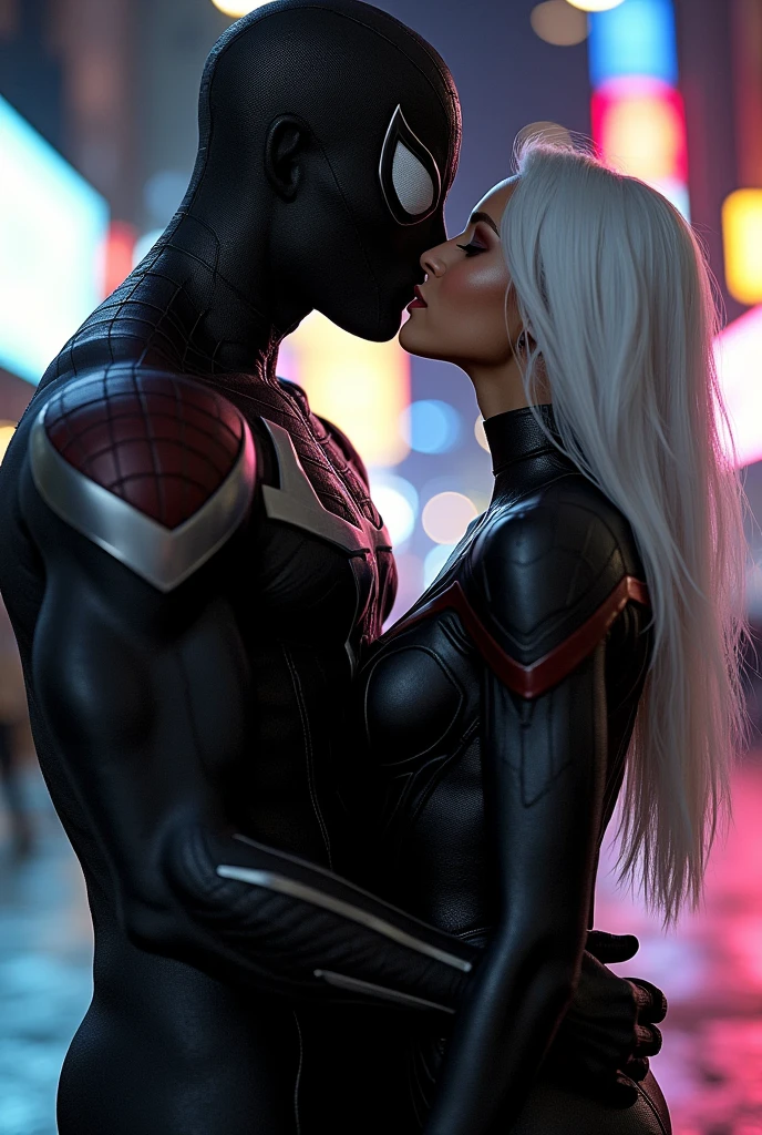 A stunning portrait of muscular Spider-Man in his black suit and white suit, symbiote suit, kissing, French kiss, passionate kiss, Felicia Hardy as the marvel character Black Cat, young and beautiful, hyper realistic, real portrait, backlit, exquisite features, cleavage, sexy, seductive, her hair is white, she is wearing a black leather body suit unzipped to her belly button, location is city at night. Neon lights, large breasts, athletic body, narrow waist, wide hips, Spider-Man’s suit is only black and white, he is not wearing his mask, Peter Parker