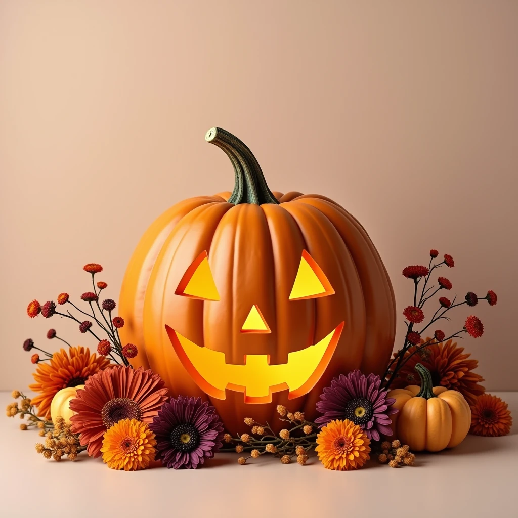 "An editorial-style photo featuring a layered, soft, and cute pumpkin Jack-O'-Lantern artfully arranged with flowers. The pumpkin has a gentle, carved face with a friendly, whimsical expression. It is positioned prominently, showcasing its soft, textured surface and warm, subtle glow. Surrounding the pumpkin is a delicate arrangement of seasonal flowers in Halloween colors—such as deep oranges, rich purples, and muted greens. The flowers are arranged to complement the pumpkin’s colors, with a mix of marigolds, chrysanthemums, and small, autumnal blooms. The background is a soft, pastel color, providing a gentle contrast that enhances the overall softness of the scene. Light shadows are subtly cast around the pumpkin and flowers, adding depth and dimension while maintaining a serene, editorial quality. The composition highlights the pumpkin and flowers in a sophisticated yet festive manner, ideal for a Halloween-themed editorial feature."