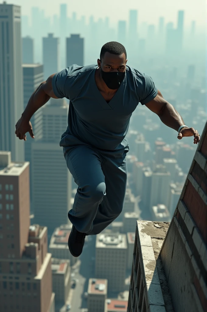 Tall, black-skinned man, wearing black surgical mask, jumping from a building