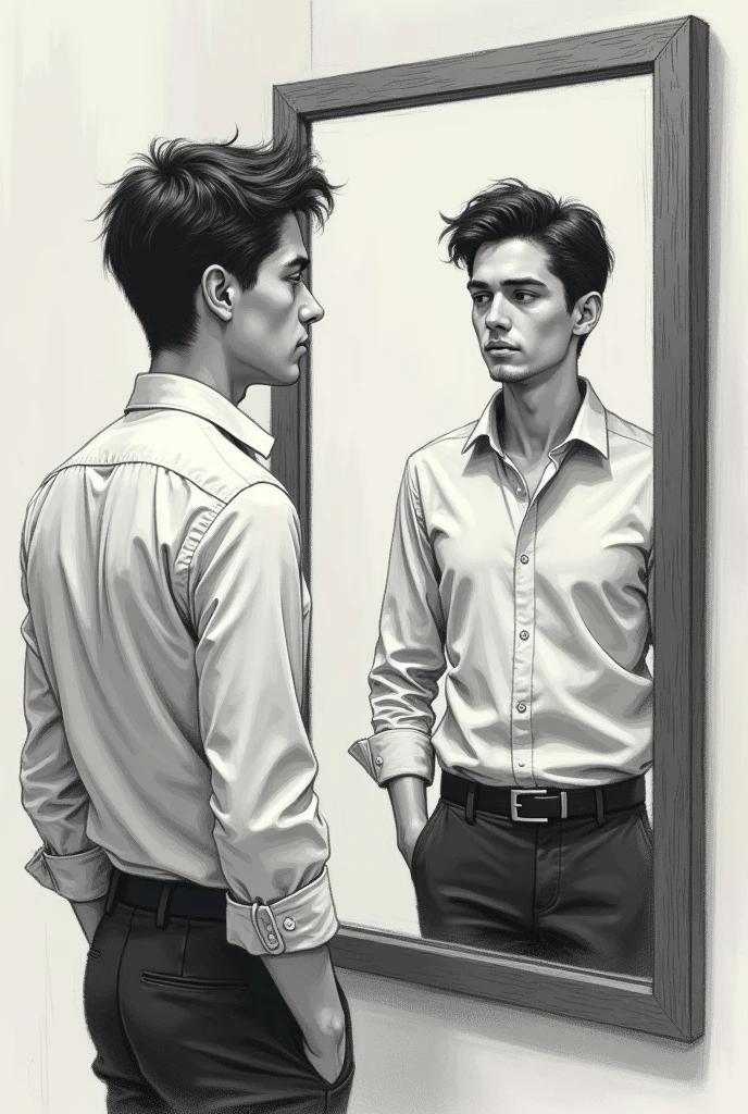 A young and mature (male)person with formals shirts looking himself in the mirror with deep sadness because he is realizing he is not good enough. And the image should be look as a sketch