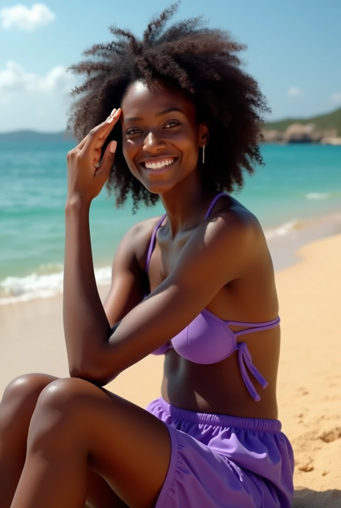 A beautiful dark African women, with full hair, smiling (visible dimples) side view, wearing a purple beach wear, sitting on sand of the beach, with her hand covering her face from the sun shining directly on her,