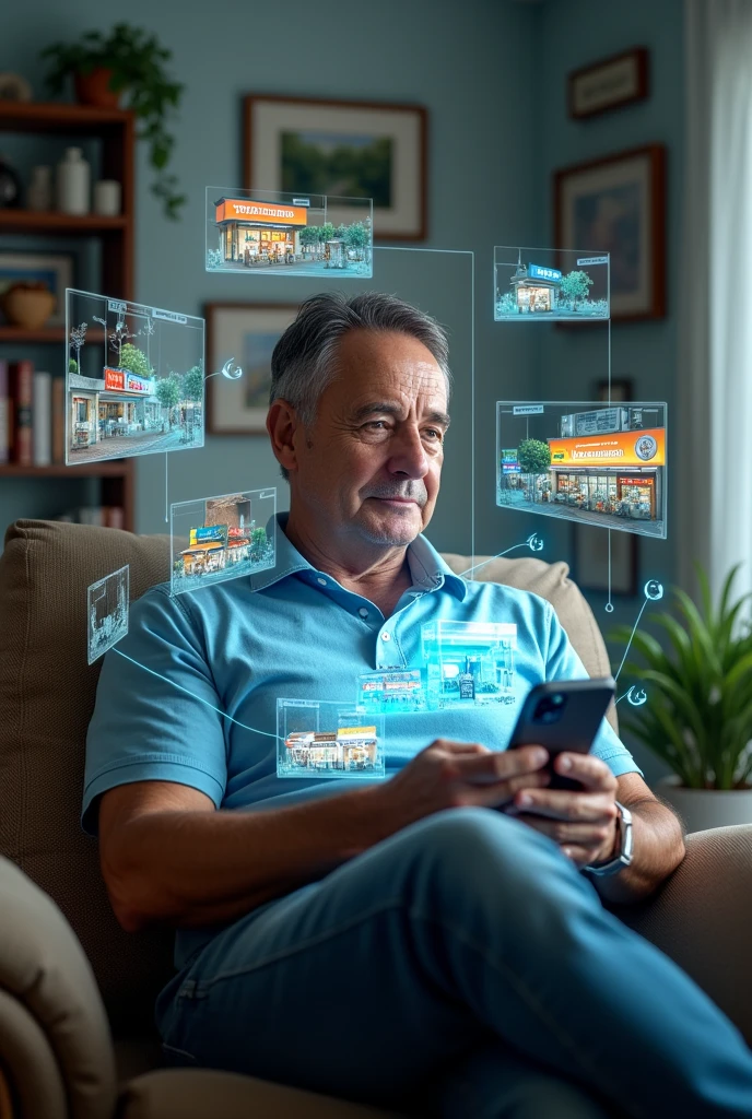 I want to create a picture where a man in inside of his home and seeing all his nearby shops like fish market groceries restaurants etc on mobile