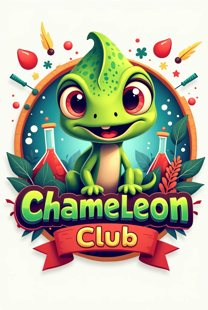 Create an image for a logo, that includes a cartoon of a baby chameleon, that includes the title "Chameleon Club" In Spanish language, include elements of science and children's literature. Do it in the green colors, yellow, Red and blue.
Let the logo be , integrating the different elements given.