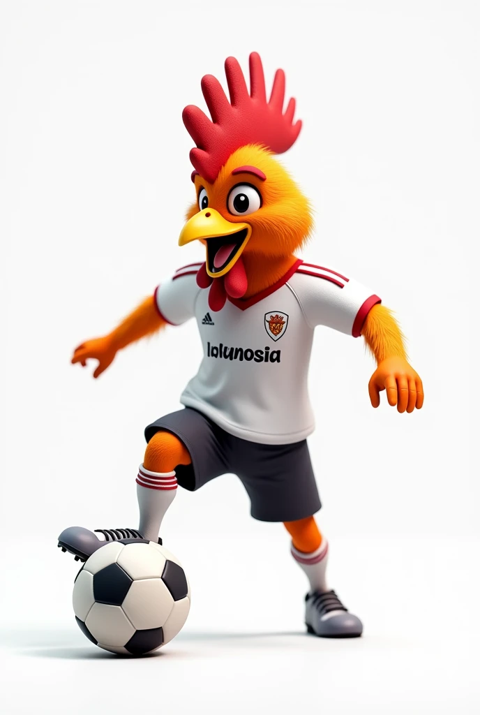 3D, the rooster mascot wears a white shirt and soccer shoes, while dribbling the ball, on the shirt it says "INDONESIA" white background, realistic